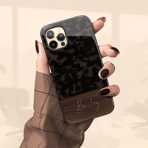 Custom Wood Name Dark Tortoiseshell iPhone Case