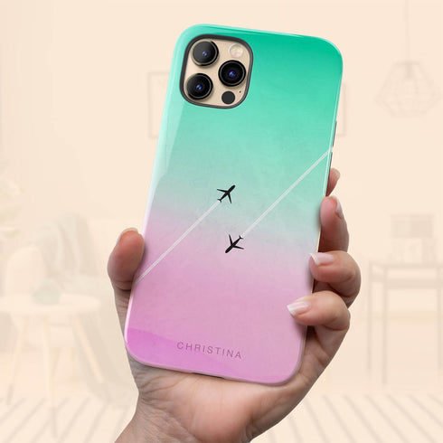 Personalized Pastel Gradient Sky Airplane iPhone Case