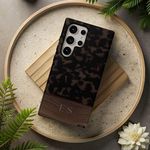 Custom Wood Initials Dark Tortoiseshell Galaxy Case