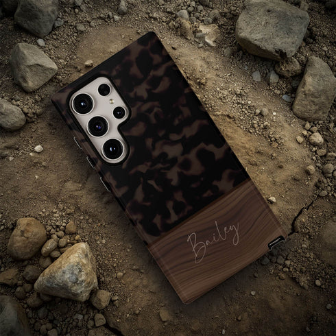 Custom Wood Name Dark Tortoiseshell Galaxy Case