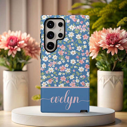Custom Name Tiny Blue Floral Galaxy Case