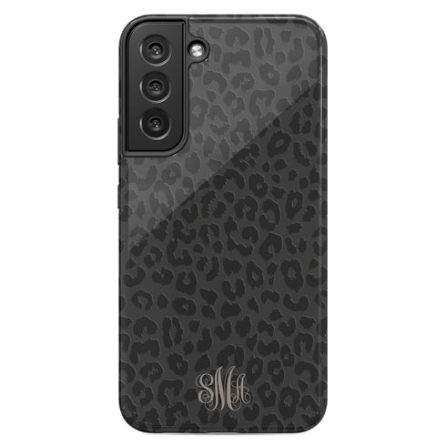 Dark Leopard Custom Curly Initials Galaxy Case - Centered
