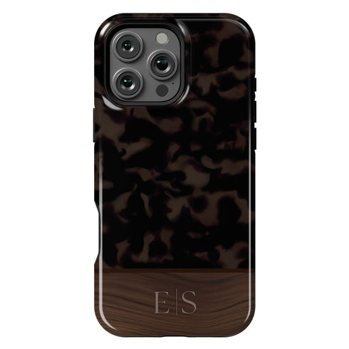 Custom Wood Initials Dark Tortoiseshell iPhone Case