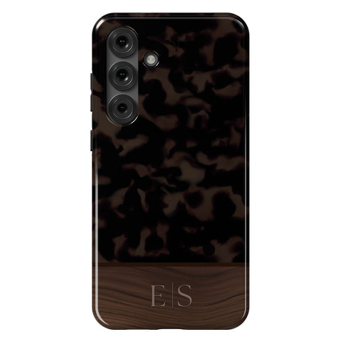 Custom Wood Initials Dark Tortoiseshell Galaxy Case