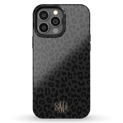 Dark Leopard Custom Curly Initials iPhone Case - Centered