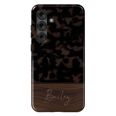 Custom Wood Name Dark Tortoiseshell Galaxy Case