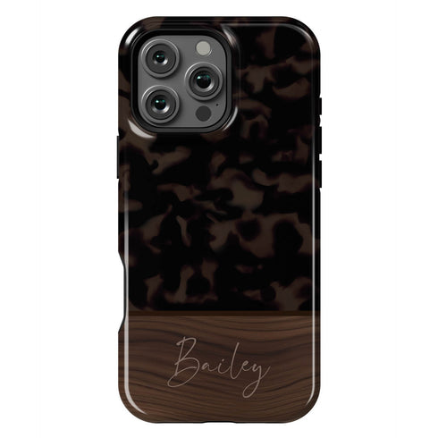 Custom Wood Name Dark Tortoiseshell iPhone Case
