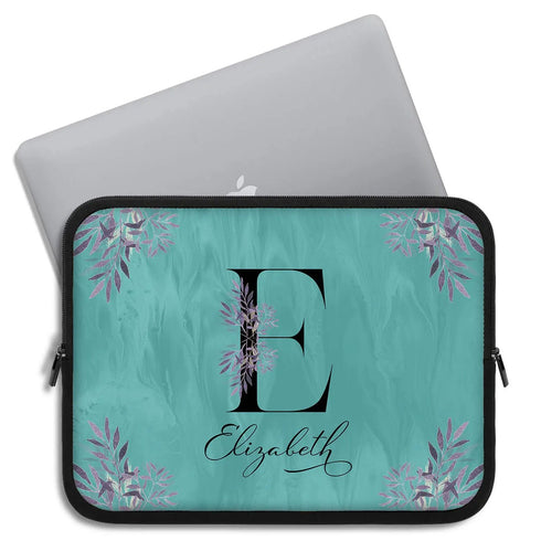 Floral Teal Monogram Custom Name Laptop Sleeve