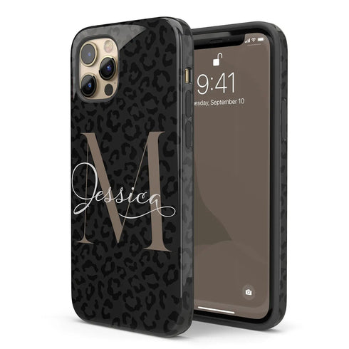 Monogram Personalized Dark Leopard iPhone Case
