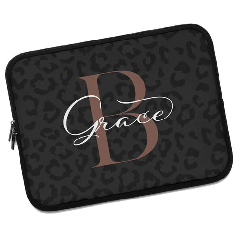 Dark Leopard Monogram Name Laptop Sleeve