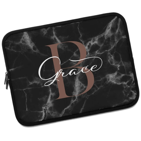 Black Marble Monogram Name Laptop Sleeve