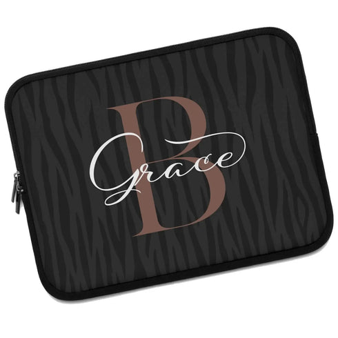 Dark Zebra Monogram Name Laptop Sleeve