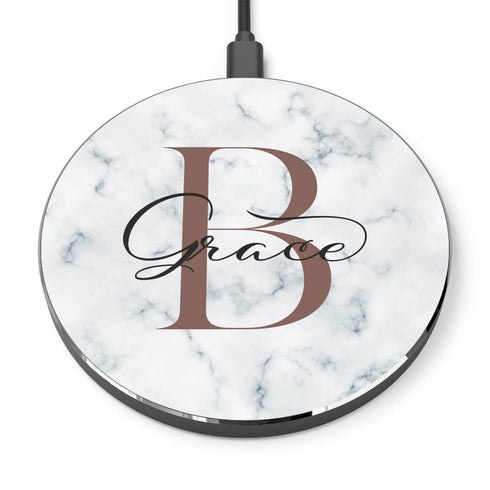 Monogram Personalized White Marble Wireless Charger Pad