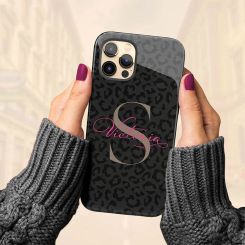 Monogram Personalized Dark Leopard iPhone Case - Hot Pink