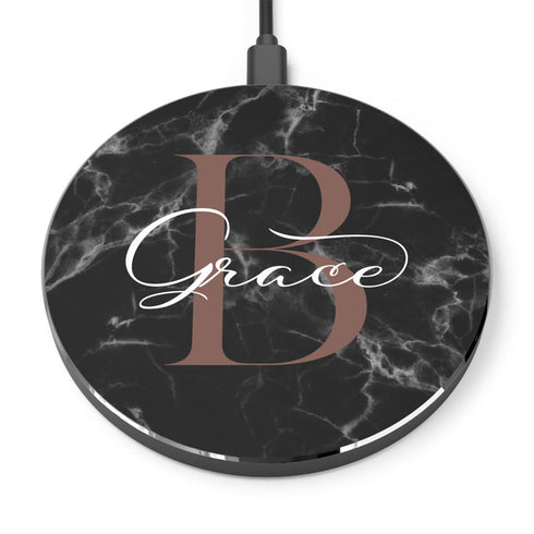 Monogram Personalized Black Marble Wireless Charger Pad