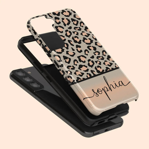 Grey & Peach Personalized Name Leopard Galaxy Case