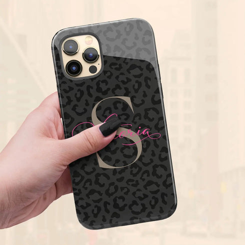 Monogram Personalized Dark Leopard iPhone Case - Hot Pink