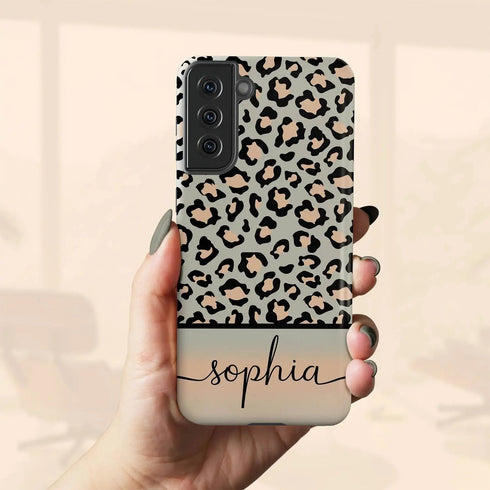 Grey & Peach Personalized Name Leopard Galaxy Case