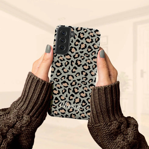 Custom Name Grey & Peach Leopard Galaxy Case