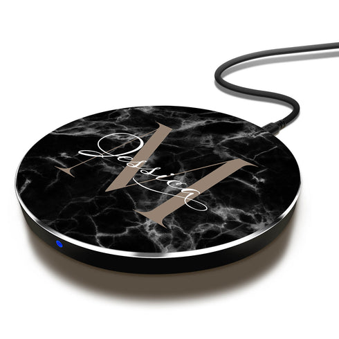 Monogram Personalized Black Marble Wireless Charger Pad
