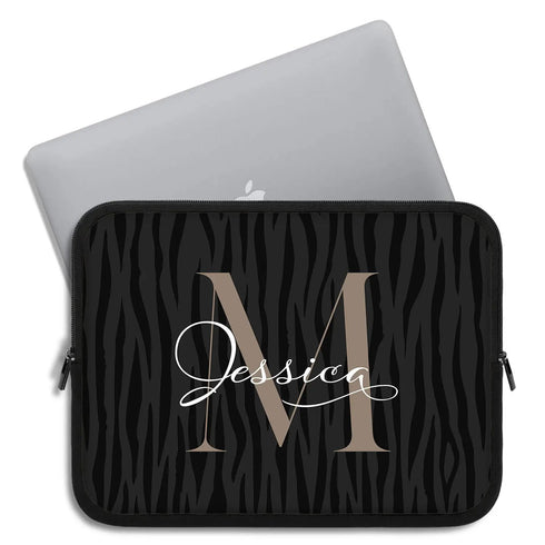 Dark Zebra Monogram Name Laptop Sleeve