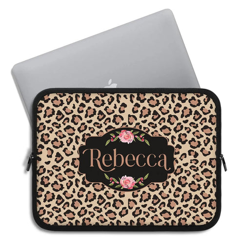 Beige Leopard & Roses Custom Name Laptop Sleeve