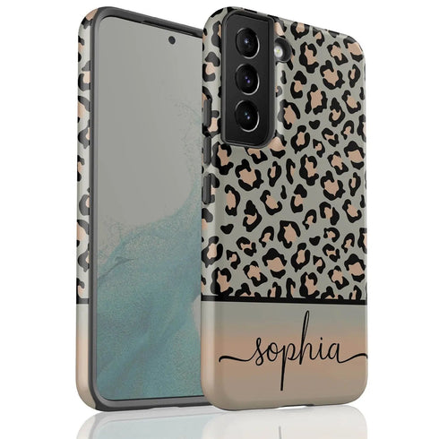 Grey & Peach Personalized Name Leopard Galaxy Case