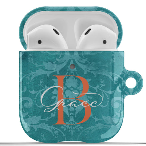 Monogram Personalized Turquoise Damask AirPods Case