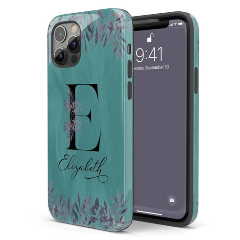 Monogram Teal & Purple Flowers iPhone Case
