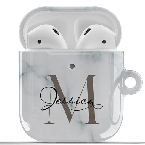 Monogram Personalized White Marble AirPods Case