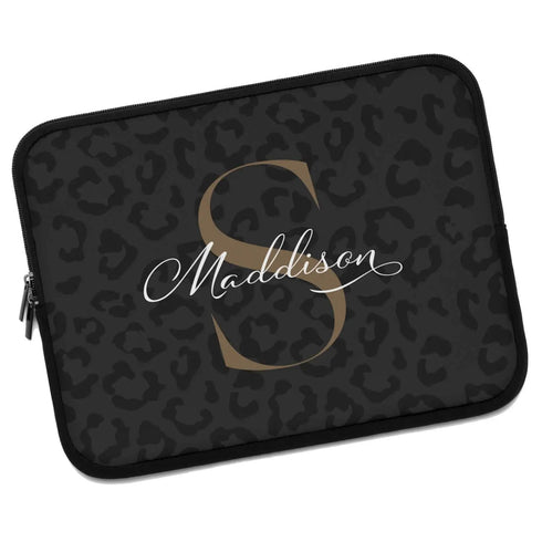 Dark Leopard Monogram Name Laptop Sleeve