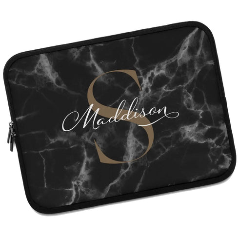 Black Marble Monogram Name Laptop Sleeve