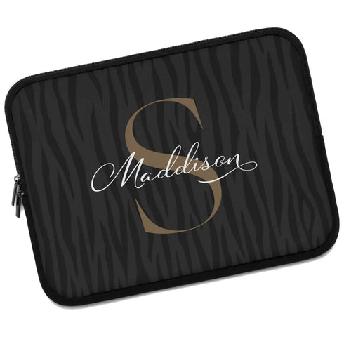 Dark Zebra Monogram Name Laptop Sleeve