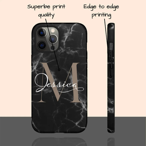 Monogram Personalized Black Marble iPhone Case