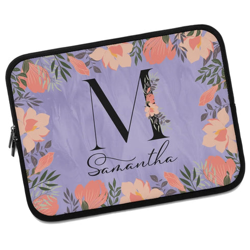Floral Purple Monogram Custom Name Laptop Sleeve