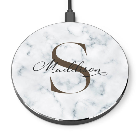 Monogram Personalized White Marble Wireless Charger Pad