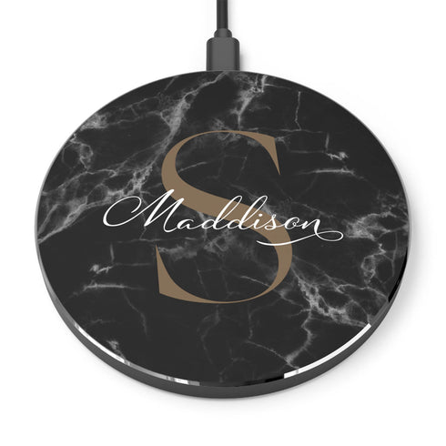 Monogram Personalized Black Marble Wireless Charger Pad