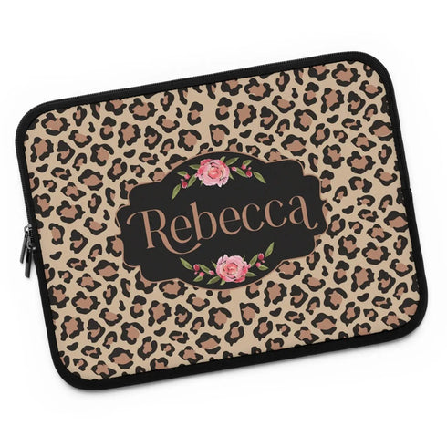 Beige Leopard & Roses Custom Name Laptop Sleeve