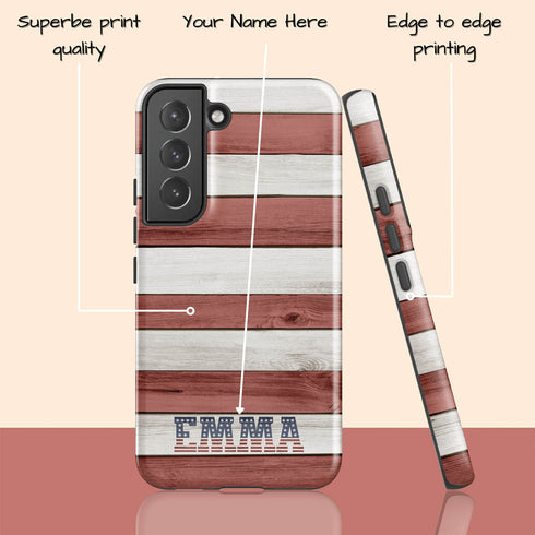 Wooden American Flag Custom Name Galaxy Case