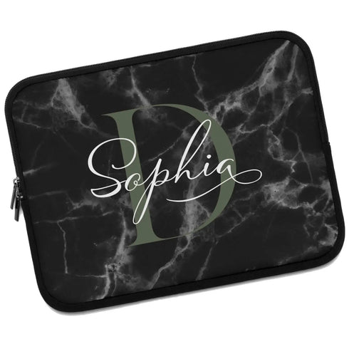 Black Marble Monogram Name Laptop Sleeve