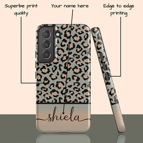 Grey & Peach Personalized Name Leopard Galaxy Case