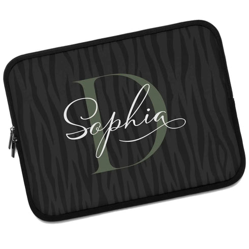 Dark Zebra Monogram Name Laptop Sleeve