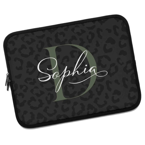 Dark Leopard Monogram Name Laptop Sleeve