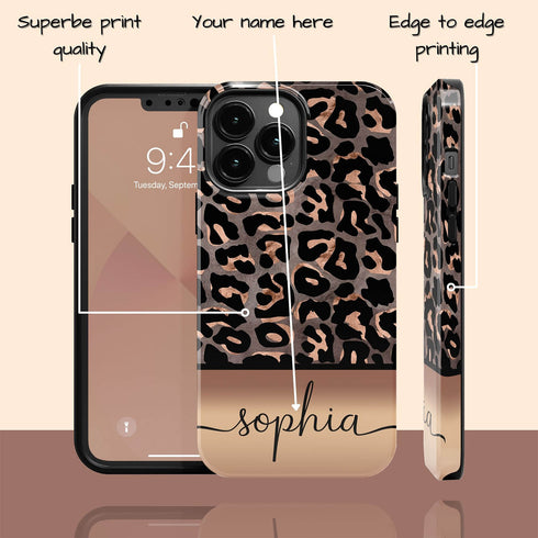 Wild Metallic Leopard Custom Name iPhone Case - Grey