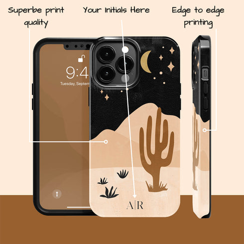 Cactus in Desert Night Landscape Custom Initials iPhone Case