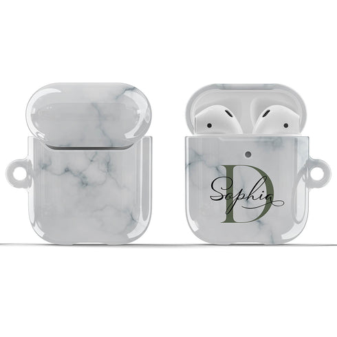 Monogram Personalized White Marble AirPods Case