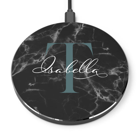 Monogram Personalized Black Marble Wireless Charger Pad