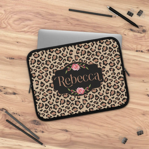 Beige Leopard & Roses Custom Name Laptop Sleeve