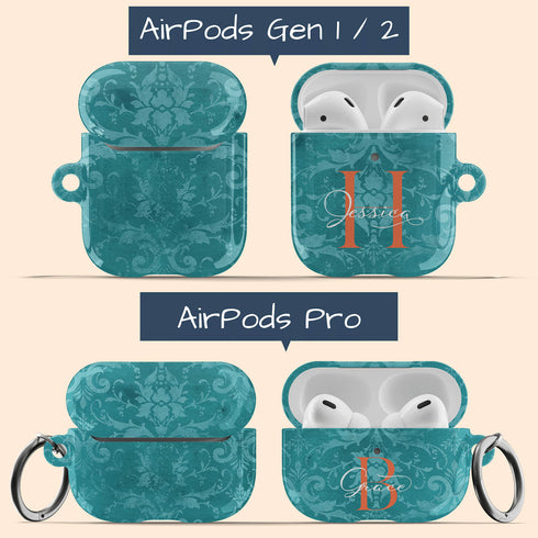 Monogram Personalized Turquoise Damask AirPods Case