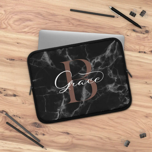 Black Marble Monogram Name Laptop Sleeve